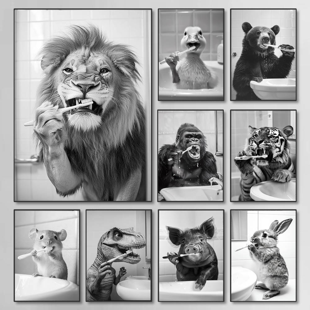 Photography Types - Black White Funny Bathroom Brushing Teeth